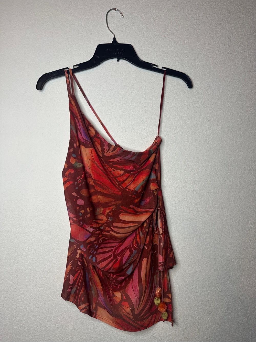 Asymmetric Red & Pink Draped One-Shoulder Camisole